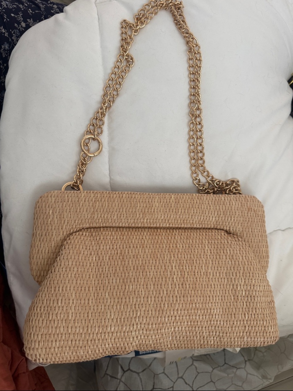Woven Straw Chain-Handle Shoulder Bag in Tan